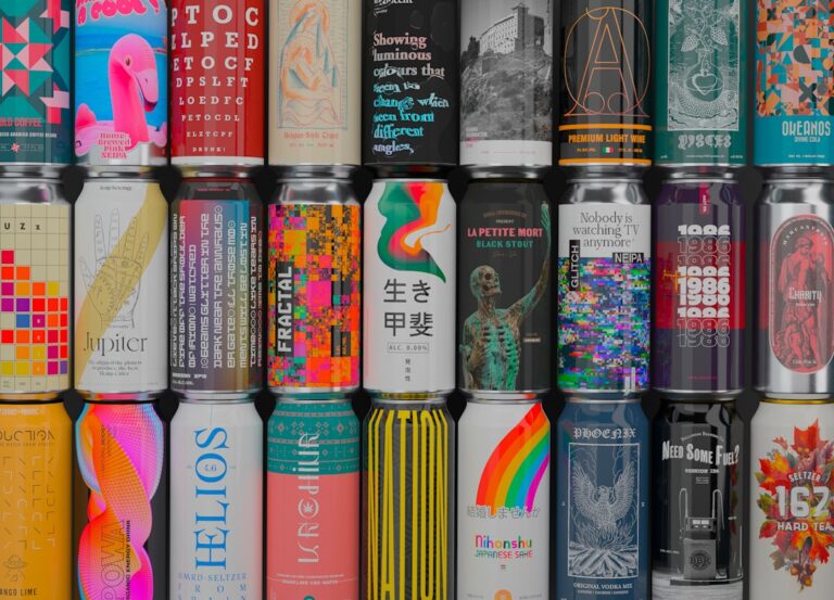 A person examines a beer can showing style, alcohol content, ingredients, and date markings.